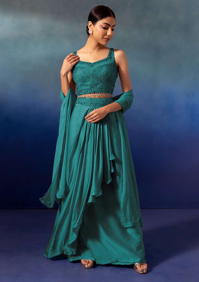 Peacock Green Pleated Cowl Lehenga Set With Embroidered Blouse And Dupatta - Indya