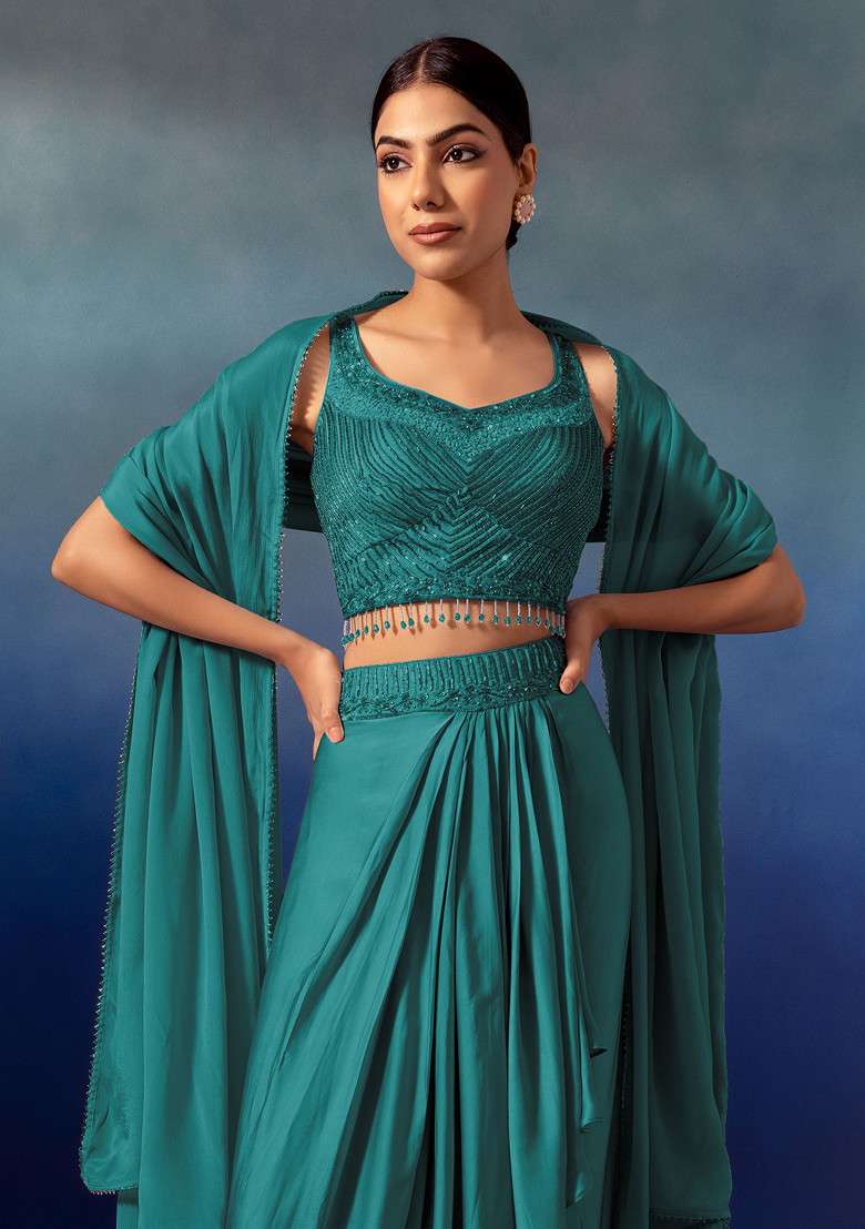Peacock Green Pleated Cowl Lehenga Set With Embroidered Blouse And Dupatta - Indya