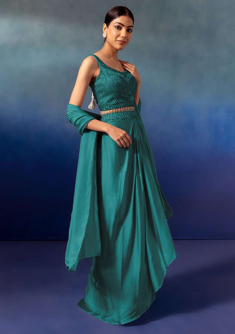 Peacock Green Pleated Cowl Lehenga Set With Embroidered Blouse And Dupatta - Indya