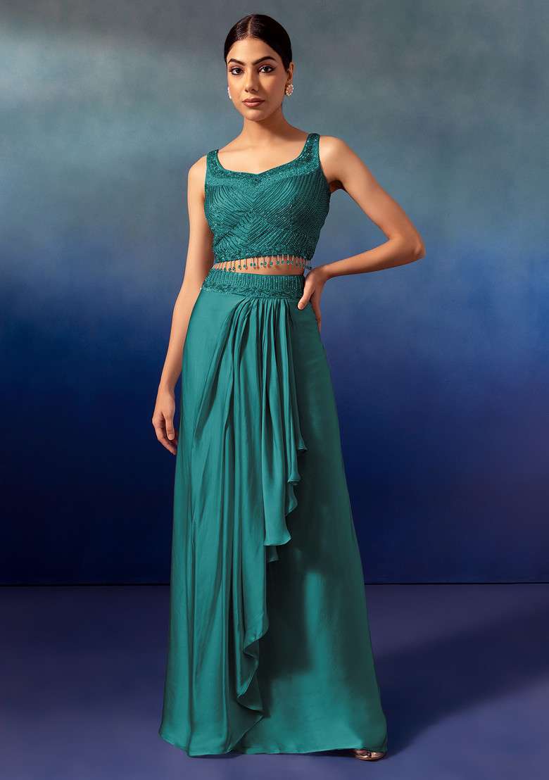 Peacock Green Pleated Cowl Lehenga Set With Embroidered Blouse And Dupatta - Indya
