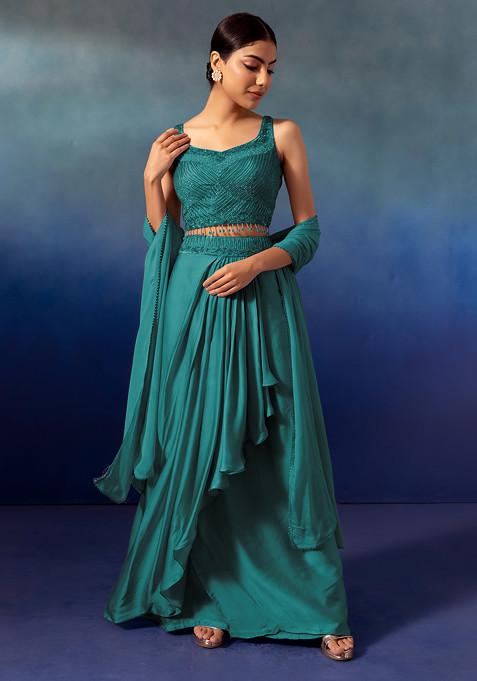 Peacock Green Pleated Cowl Lehenga Set With Embroidered Blouse And Dupatta