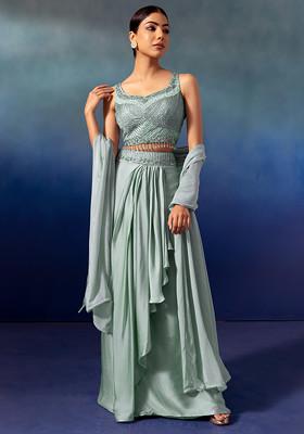 Sage Green Pleated Cowl Lehenga Set With Embroidered Blouse And Dupatta