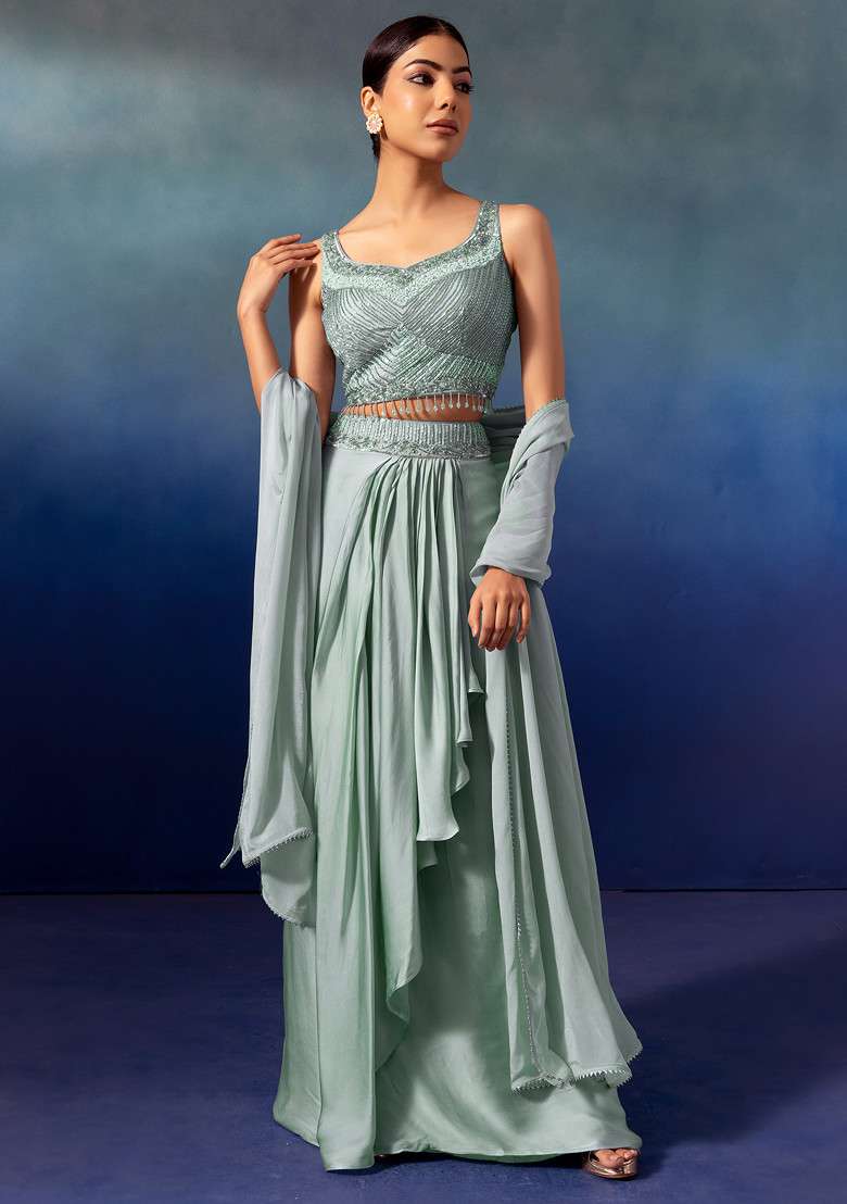 Sage Green Pleated Cowl Lehenga Set With Embroidered Blouse And Dupatta - Indya