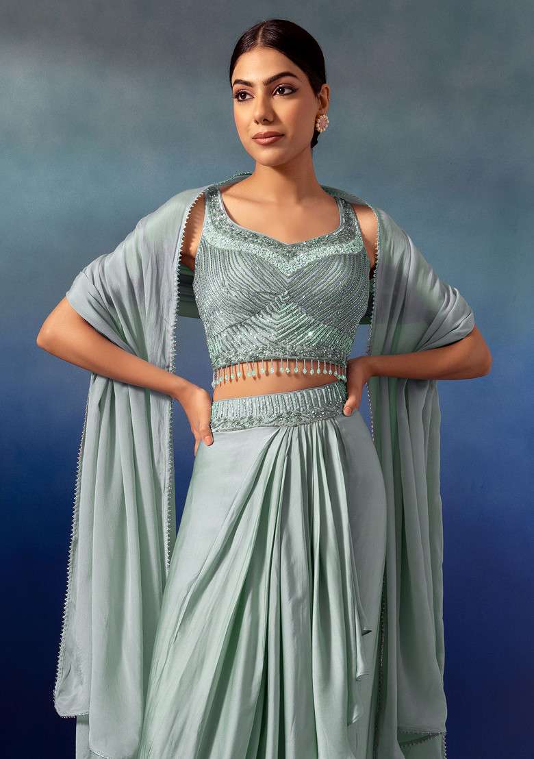 Sage Green Pleated Cowl Lehenga Set With Embroidered Blouse And Dupatta - Indya