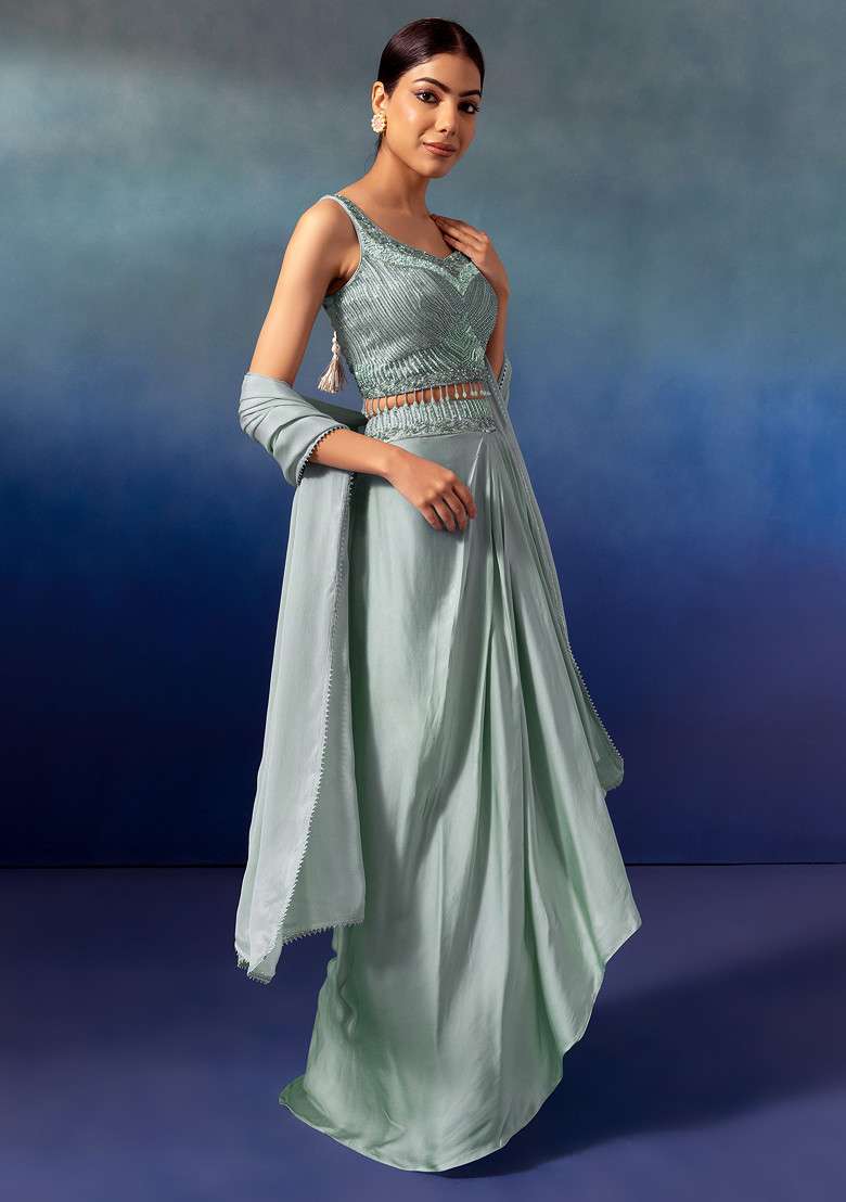 Sage Green Pleated Cowl Lehenga Set With Embroidered Blouse And Dupatta - Indya