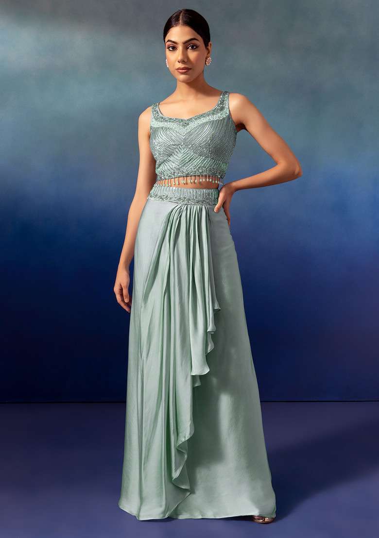 Sage Green Pleated Cowl Lehenga Set With Embroidered Blouse And Dupatta - Indya