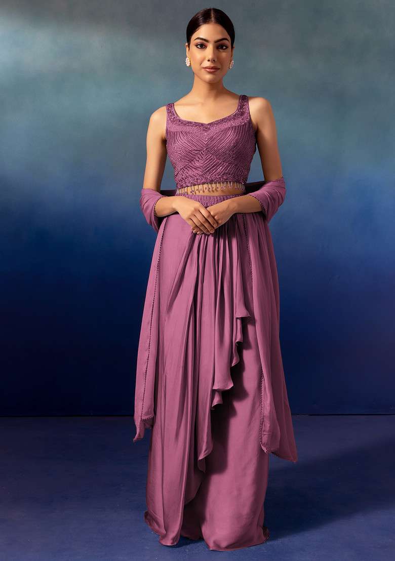 Mauve Pleated Cowl Lehenga Set With Embroidered Blouse And Dupatta - Indya