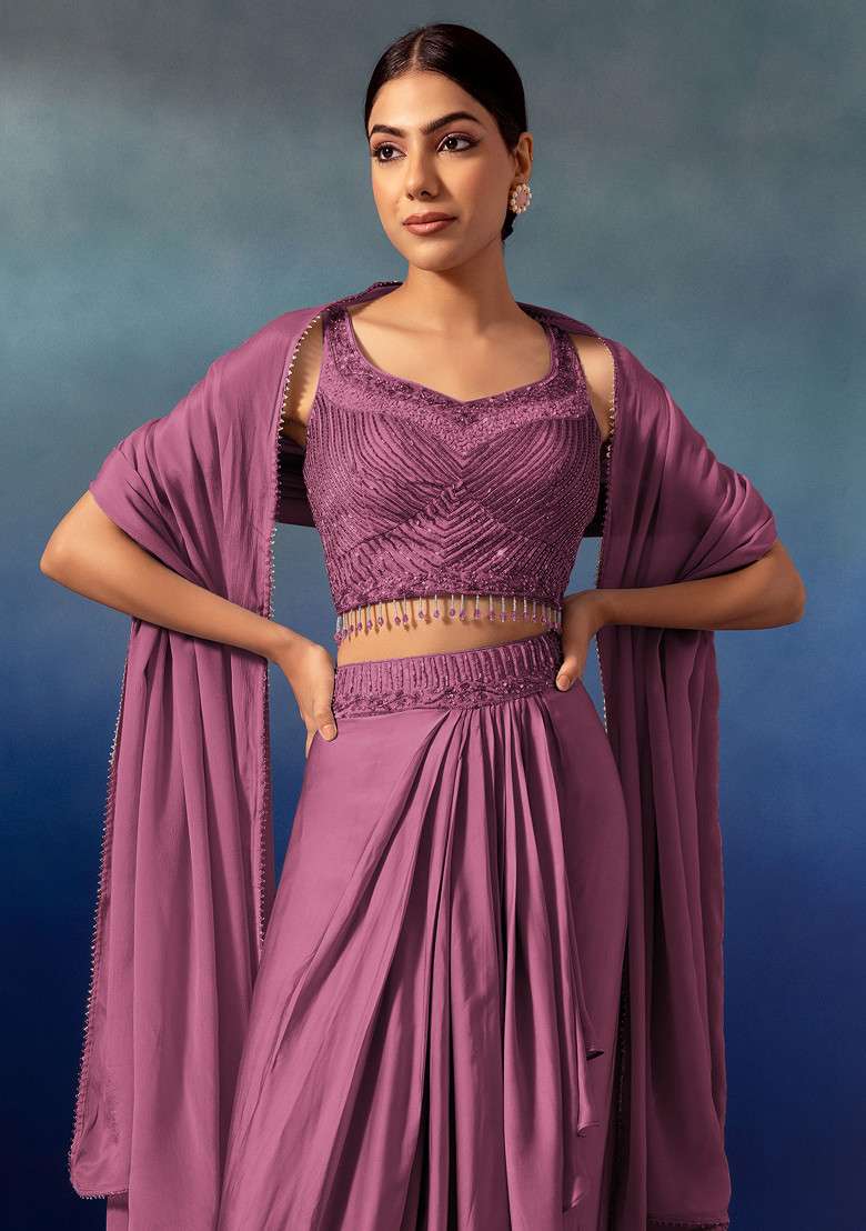 Mauve Pleated Cowl Lehenga Set With Embroidered Blouse And Dupatta - Indya