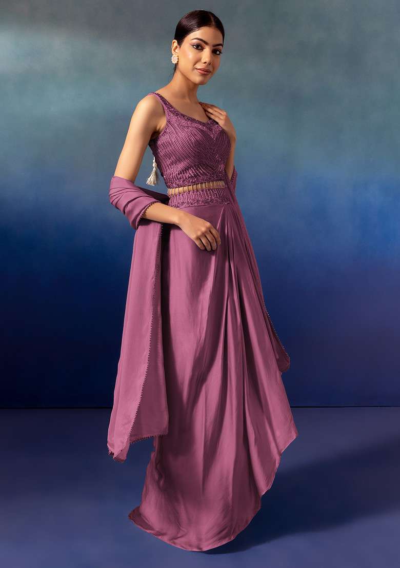Mauve Pleated Cowl Lehenga Set With Embroidered Blouse And Dupatta - Indya
