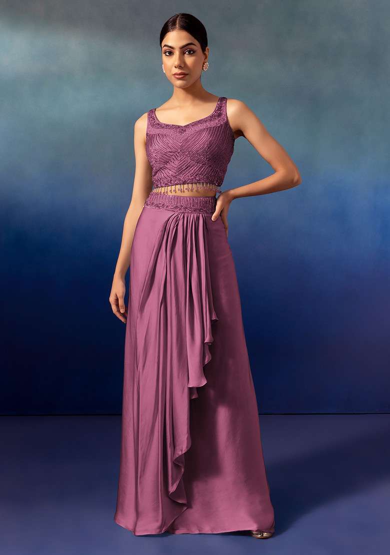 Mauve Pleated Cowl Lehenga Set With Embroidered Blouse And Dupatta - Indya