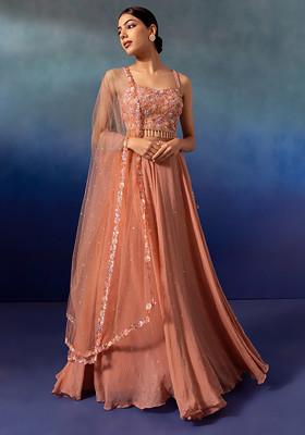 Peach Lehenga Set With Sequin Embellished Blouse And Dupatta