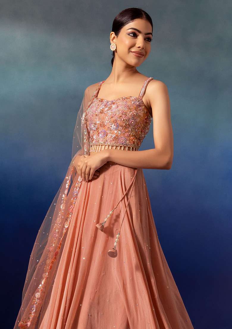 Peach Lehenga Set With Sequin Embellished Blouse And Dupatta - Indya