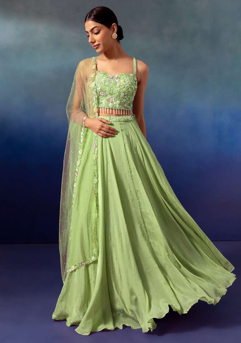 Light Green Lehenga Set With Sequin Embellished Blouse And Dupatta - Indya