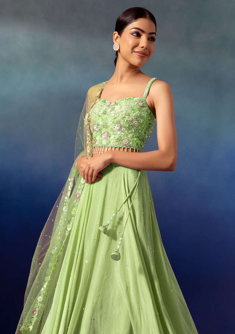 Light Green Lehenga Set With Sequin Embellished Blouse And Dupatta - Indya