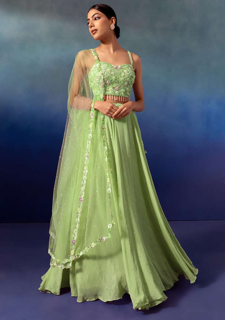 Light Green Lehenga Set With Sequin Embellished Blouse And Dupatta - Indya