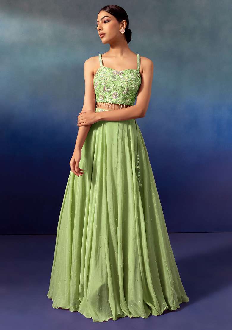Light Green Lehenga Set With Sequin Embellished Blouse And Dupatta - Indya