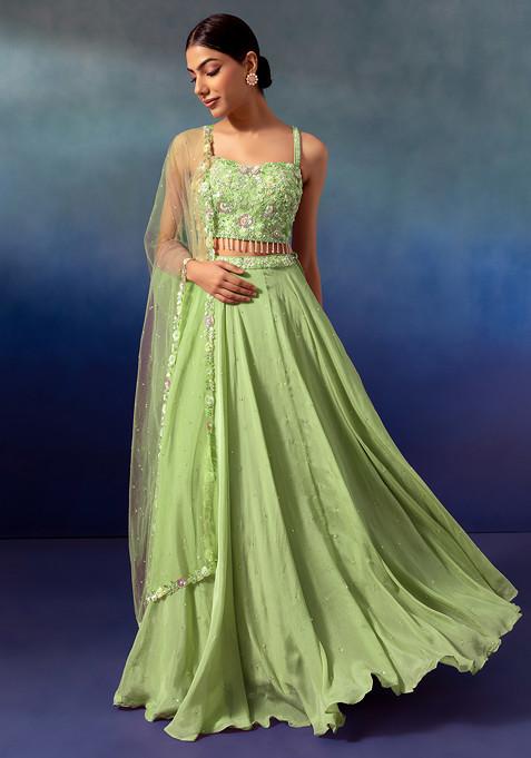 Light Green Lehenga Set With Sequin Embellished Blouse And Dupatta