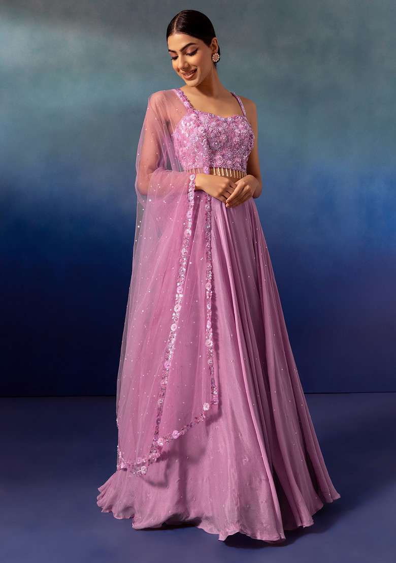 Mauve Lehenga Set With Sequin Embellished Blouse And Dupatta - Indya