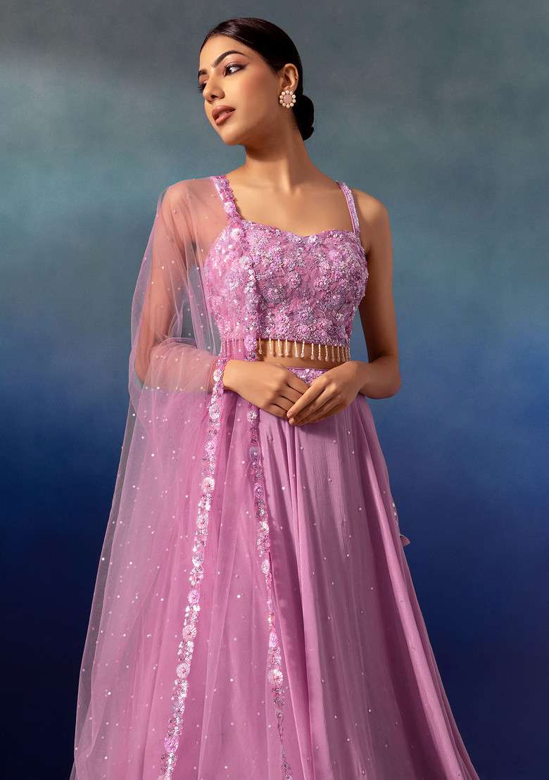 Mauve Lehenga Set With Sequin Embellished Blouse And Dupatta - Indya