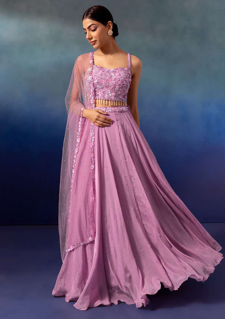 Mauve Lehenga Set With Sequin Embellished Blouse And Dupatta - Indya