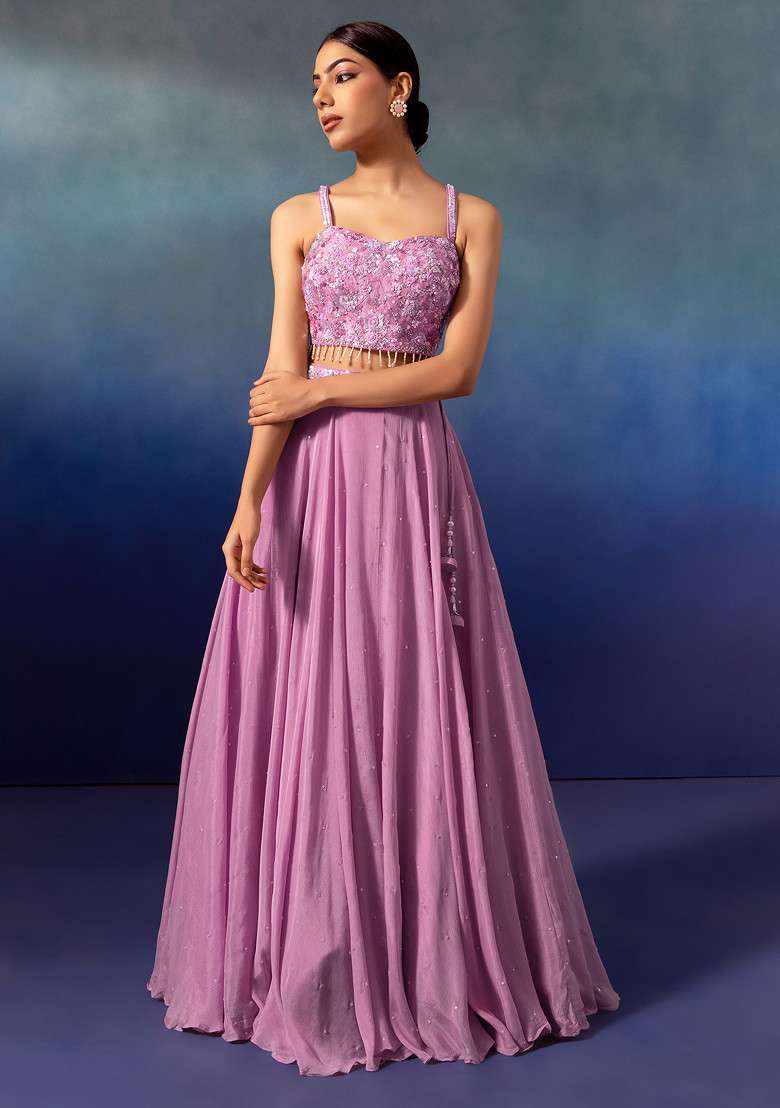 Mauve Lehenga Set With Sequin Embellished Blouse And Dupatta - Indya