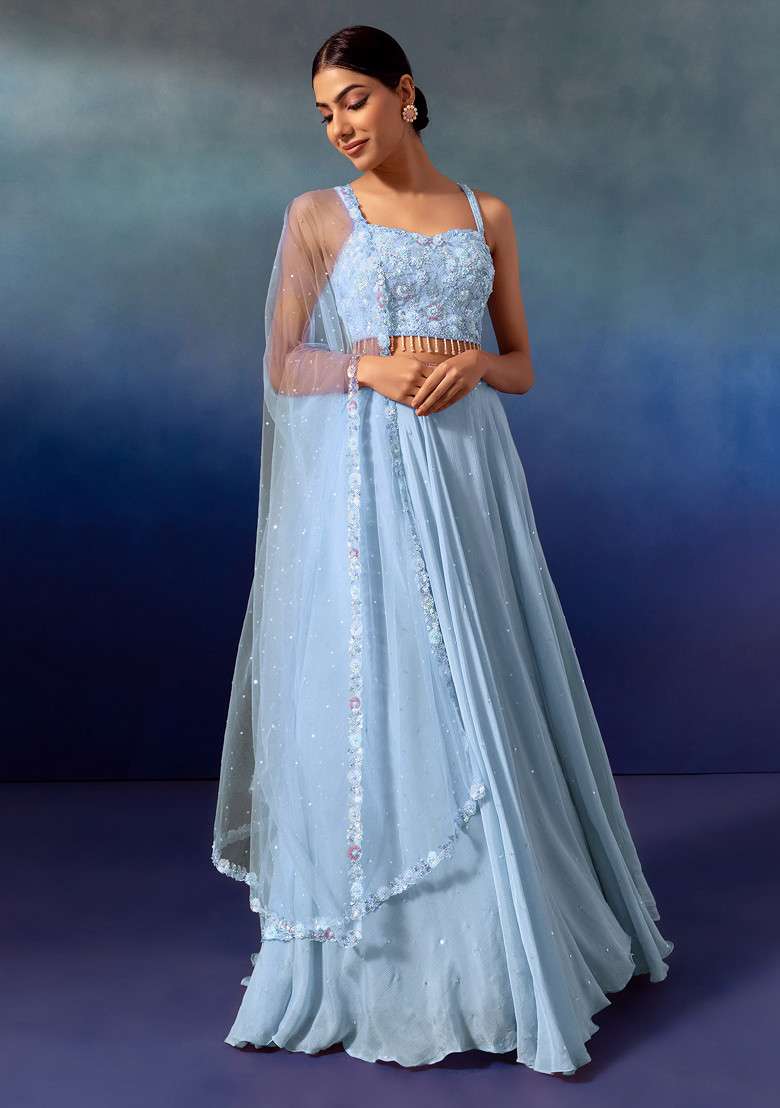 Light Blue Lehenga Set With Sequin Embellished Blouse And Dupatta - Indya