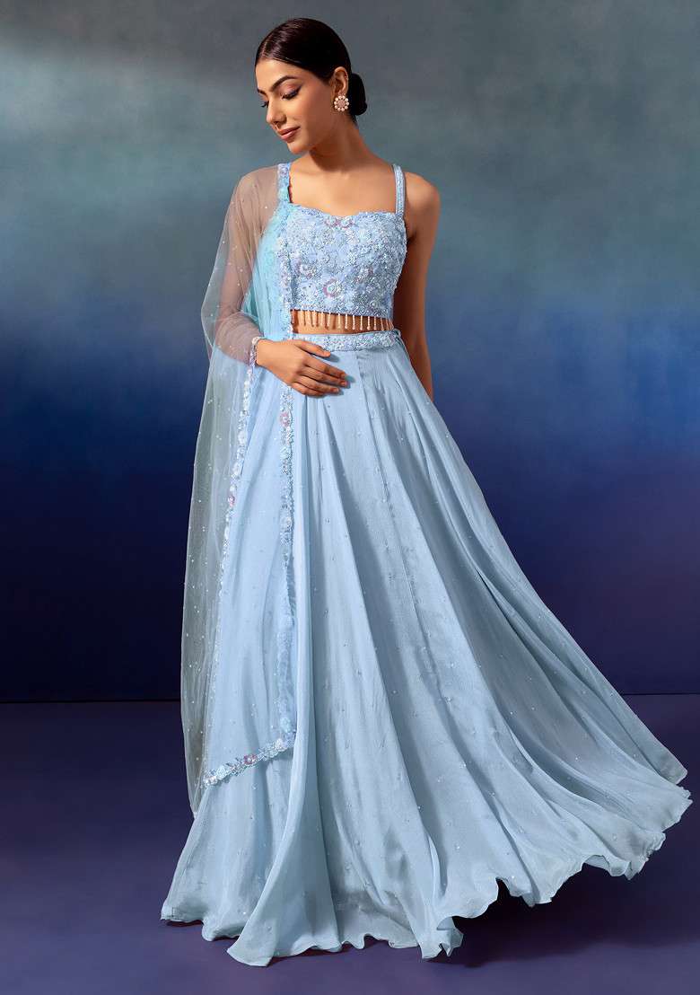 Light Blue Lehenga Set With Sequin Embellished Blouse And Dupatta - Indya