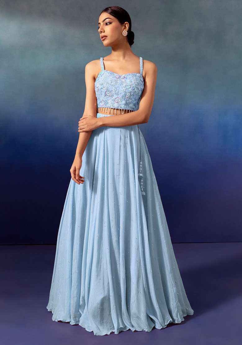 Light Blue Lehenga Set With Sequin Embellished Blouse And Dupatta - Indya