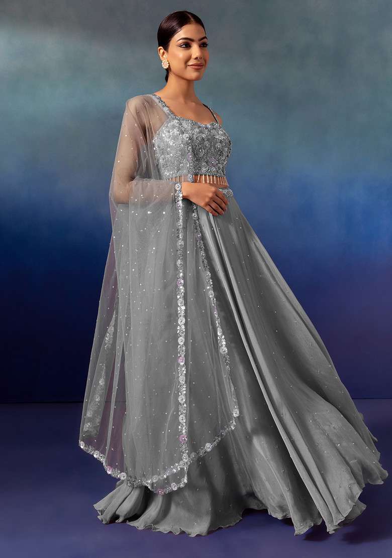 Light Grey Lehenga Set With Sequin Embellished Blouse And Dupatta - Indya
