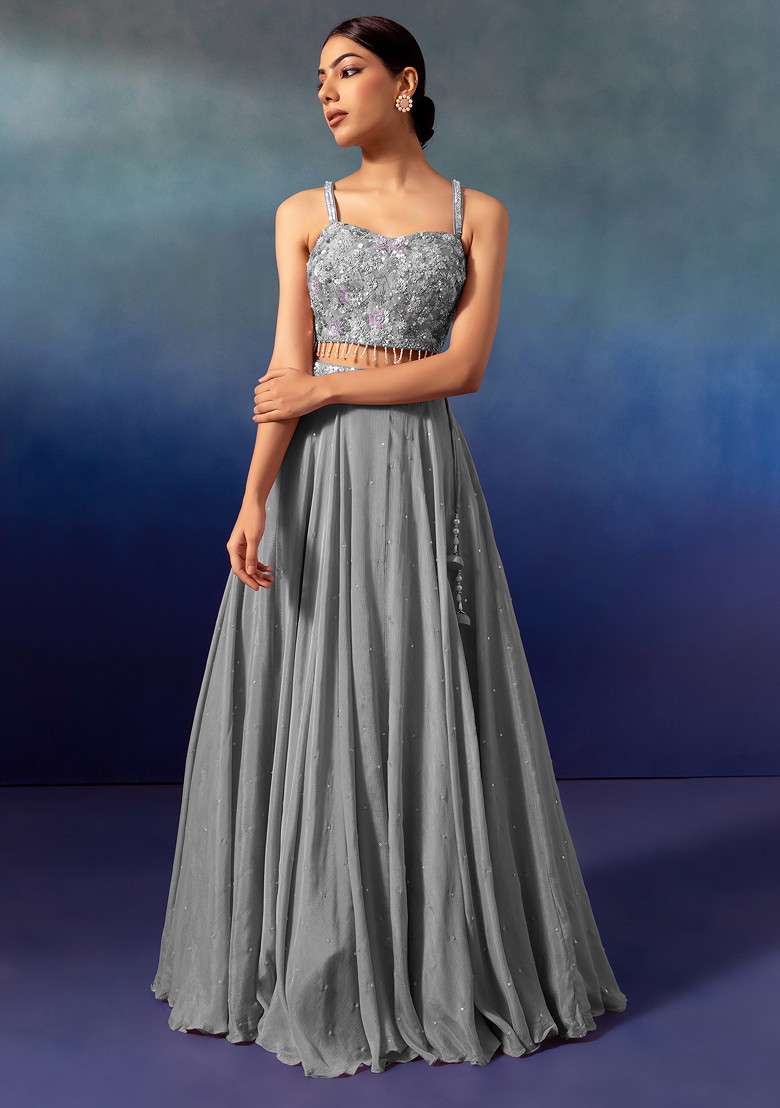Light Grey Lehenga Set With Sequin Embellished Blouse And Dupatta - Indya