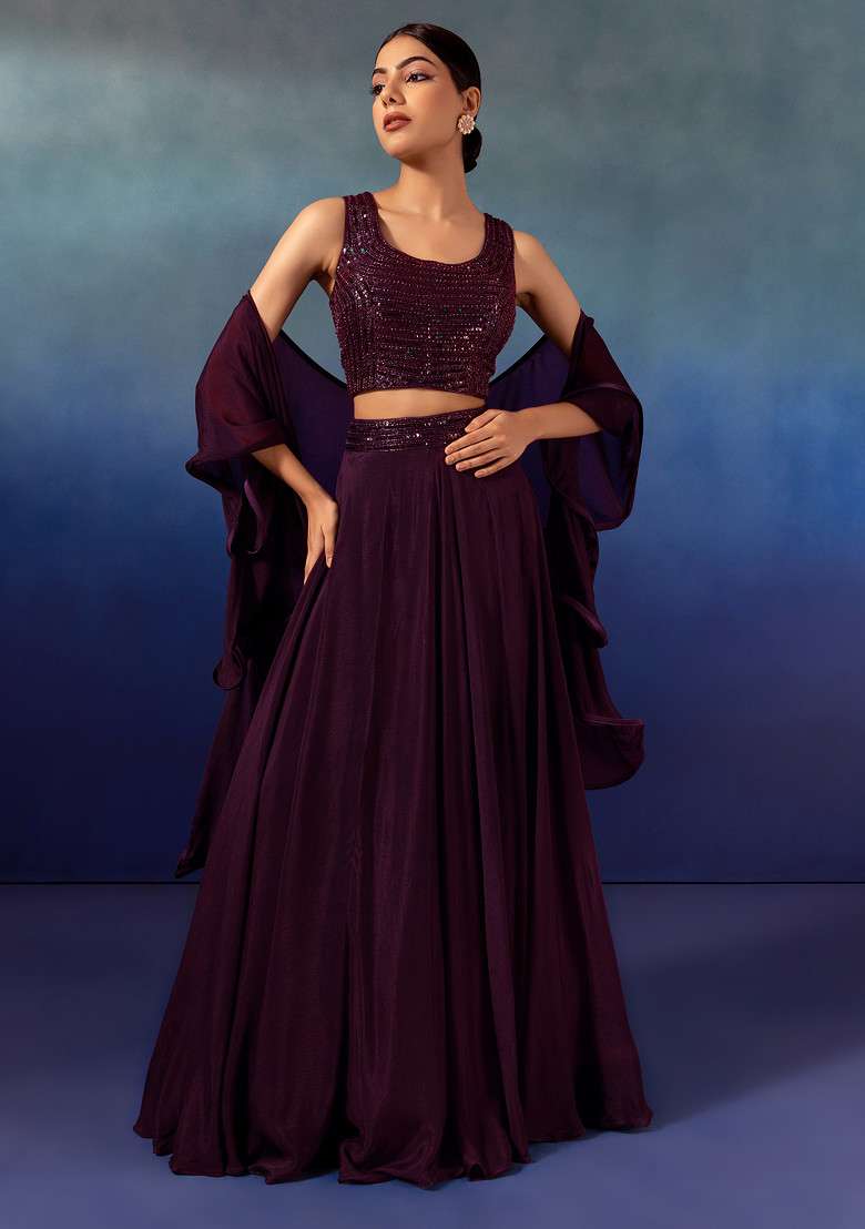 Wine Lehenga Set With Sequin Embellished Blouse And Ruffled Dupatta - Indya