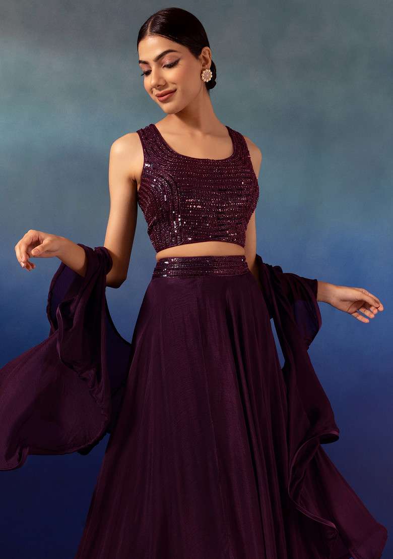 Wine Lehenga Set With Sequin Embellished Blouse And Ruffled Dupatta - Indya