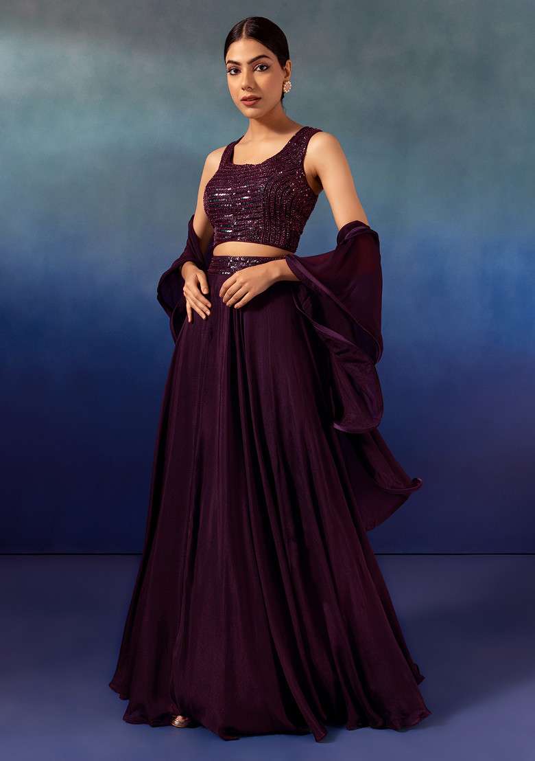 Wine Lehenga Set With Sequin Embellished Blouse And Ruffled Dupatta - Indya