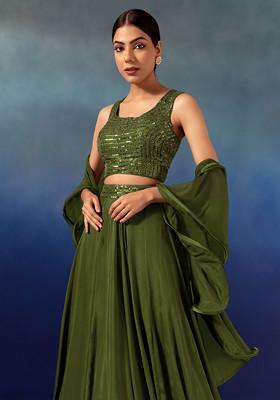 Olive Lehenga Set With Sequin Embellished Blouse And Ruffled Dupatta