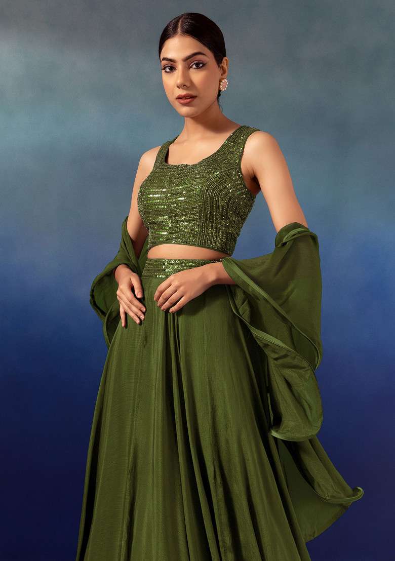 Olive Lehenga Set With Sequin Embellished Blouse And Ruffled Dupatta - Indya