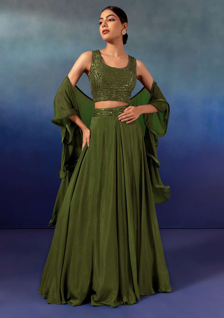 Olive Lehenga Set With Sequin Embellished Blouse And Ruffled Dupatta - Indya