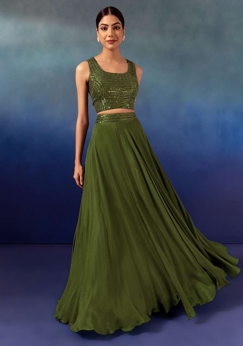 Olive Lehenga Set With Sequin Embellished Blouse And Ruffled Dupatta - Indya