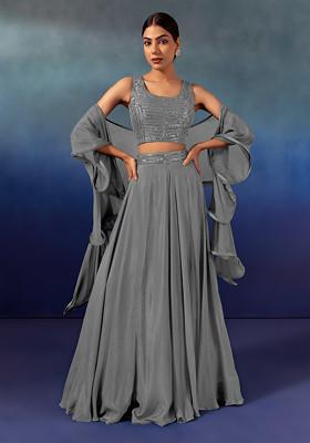Grey Lehenga Set With Sequin Embellished Blouse And Ruffled Dupatta