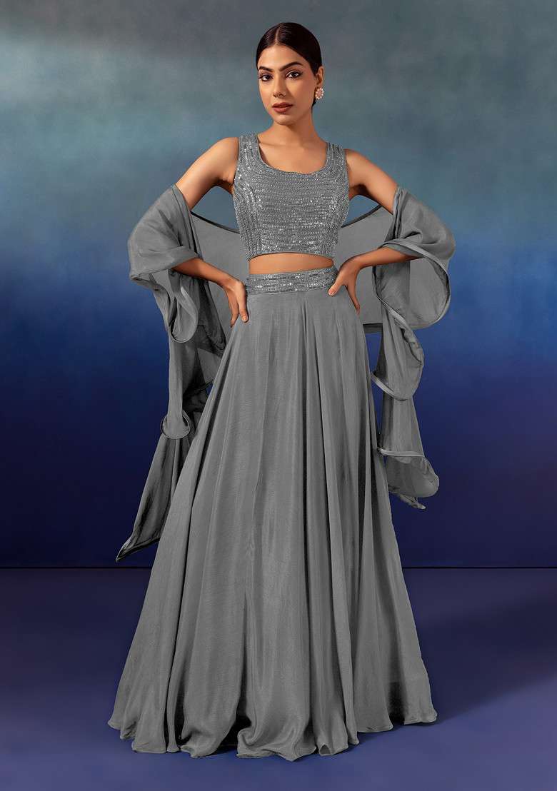 Grey Lehenga Set With Sequin Embellished Blouse And Ruffled Dupatta - Indya