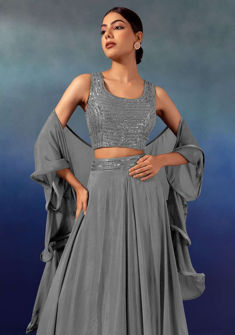 Grey Lehenga Set With Sequin Embellished Blouse And Ruffled Dupatta - Indya