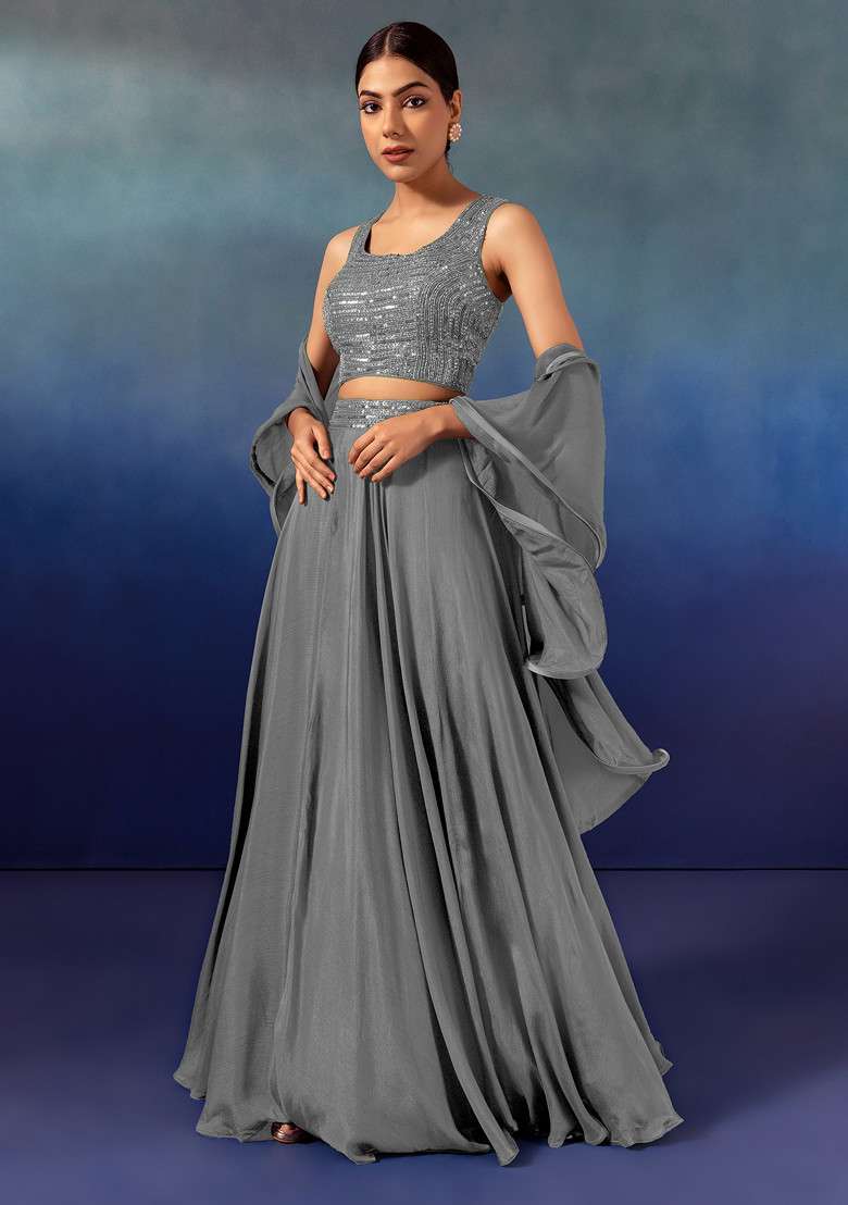 Grey Lehenga Set With Sequin Embellished Blouse And Ruffled Dupatta - Indya