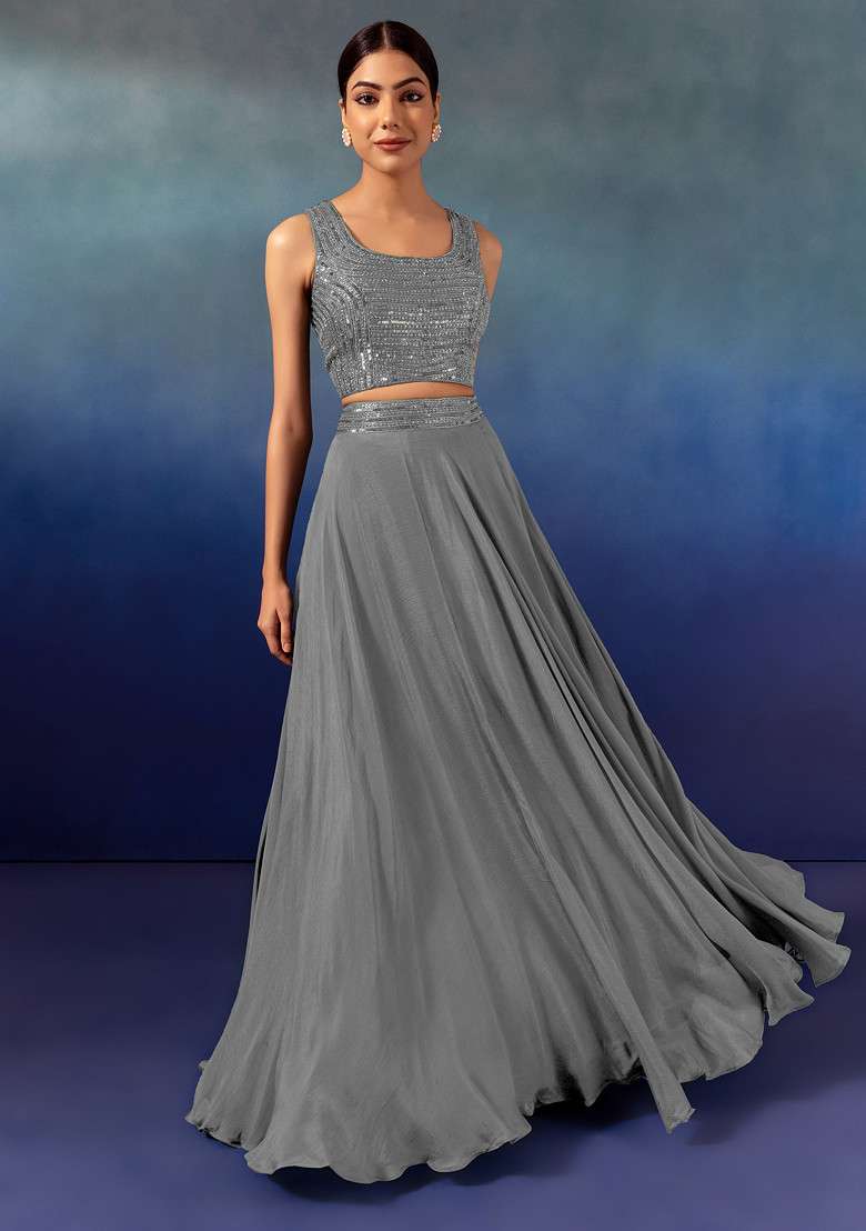 Grey Lehenga Set With Sequin Embellished Blouse And Ruffled Dupatta - Indya