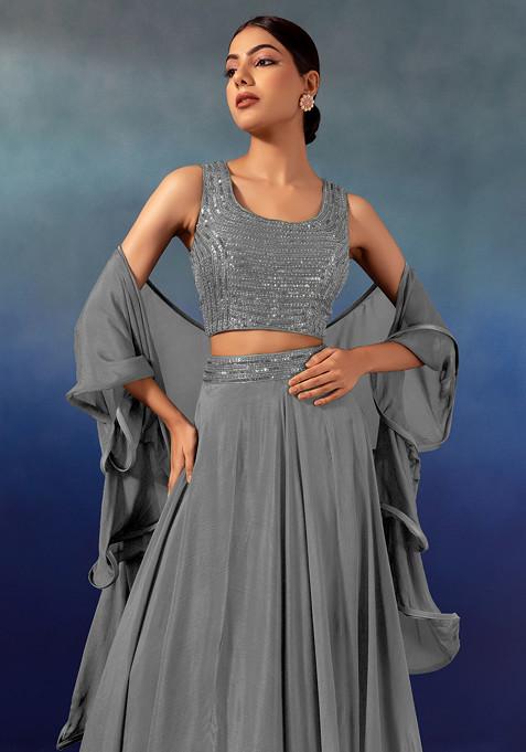 Grey Semi-Stitched Silk Lehenga Set with Contrast Crepe Dupatta & Resham Embroidery