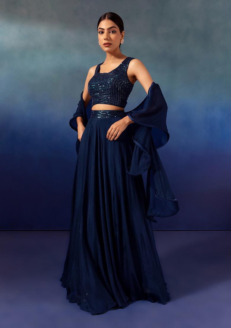 Babyhug Woven Halter Neck Lehenga Choli Set with Embroidery Mirror Sequin & Dupatta - Navy Blue