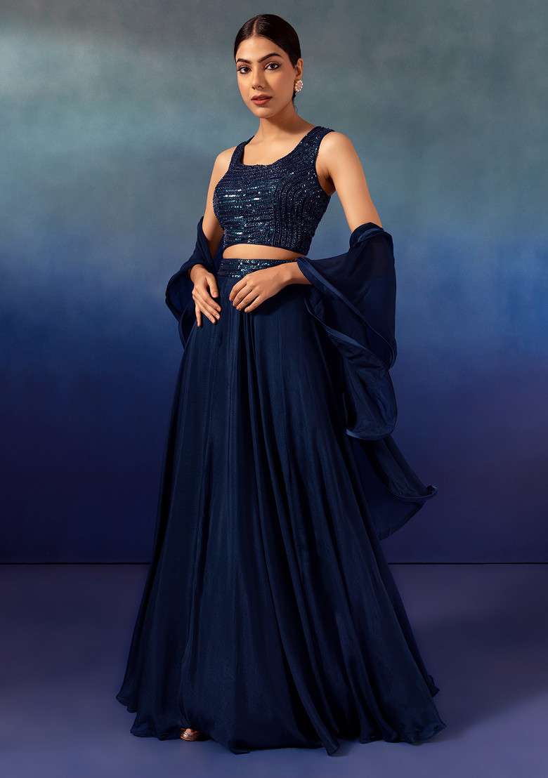 Navy Blue Lehenga Set With Sequin Embellished Blouse And Ruffled Dupatta - Indya