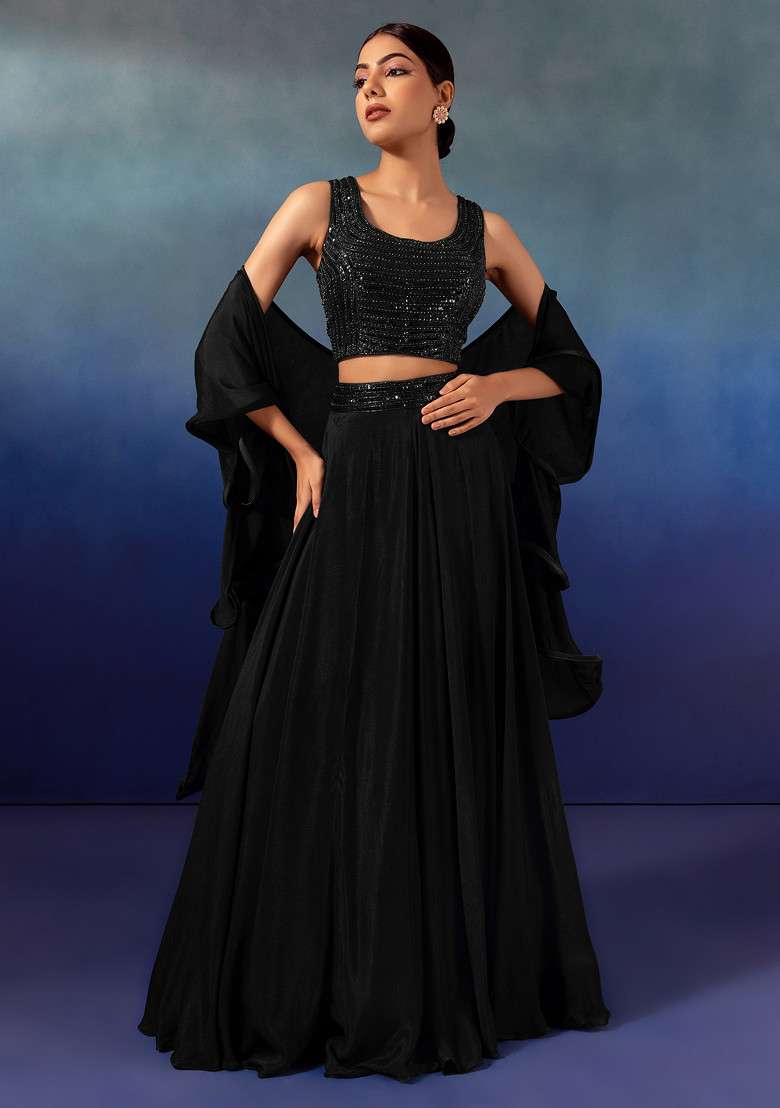 Black Lehenga Set With Sequin Embellished Blouse And Ruffled Dupatta - Indya