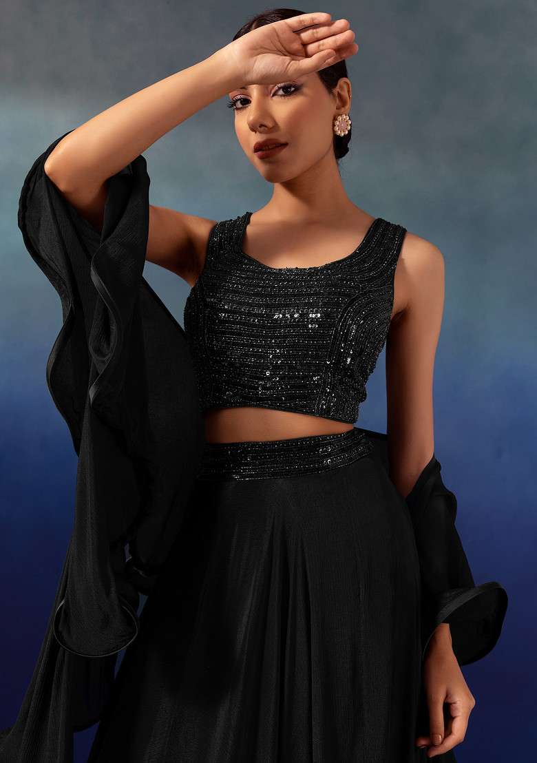 Black Lehenga Set With Sequin Embellished Blouse And Ruffled Dupatta - Indya