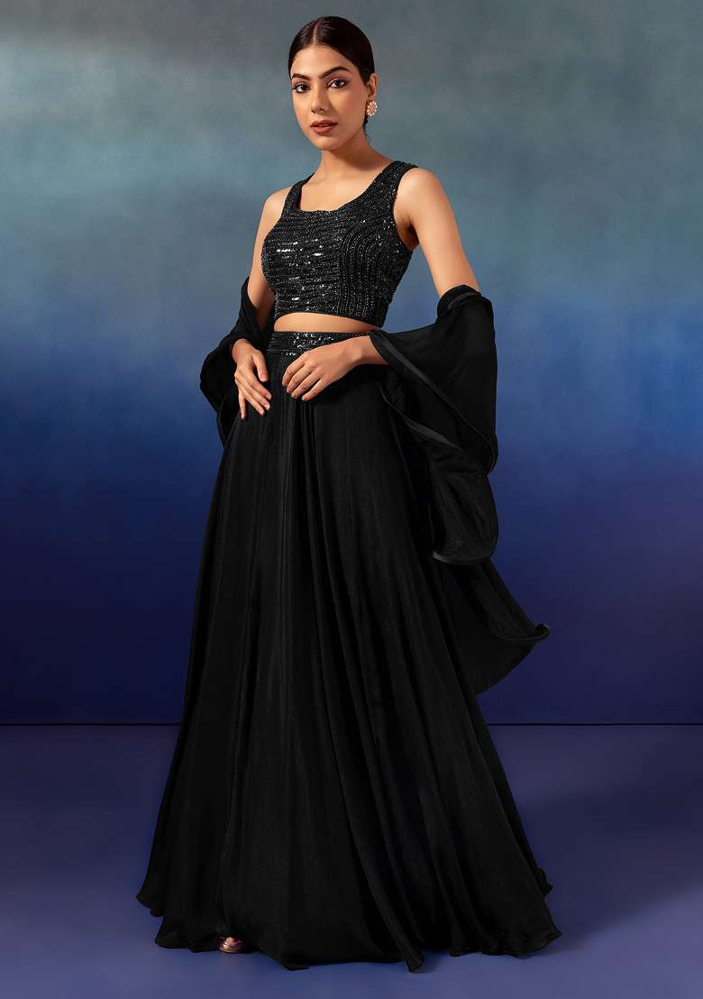 Black Lehenga Set With Sequin Embellished Blouse And Ruffled Dupatta - Indya