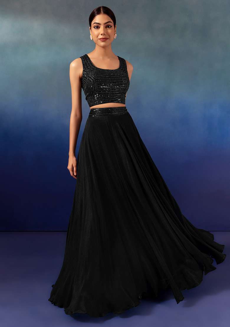 Black Lehenga Set With Sequin Embellished Blouse And Ruffled Dupatta - Indya
