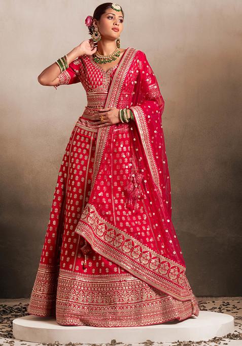 Rani Pink Sequin Zari Embroidered Bridal Lehenga And Blouse Set With Dupatta And Belt
